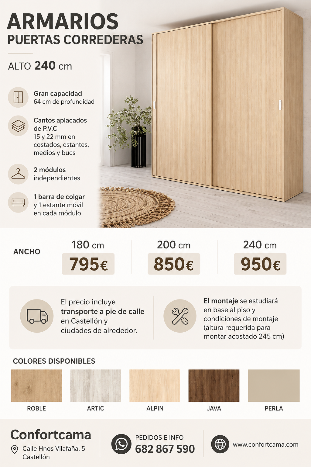 ARMARIO PUERTAS CORREDERAS 240 CM | DESDE 795€ | FONDO 64 CM