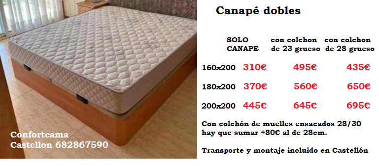 Canape doble de 160, 180 o 200x200 ver precio en foto desde